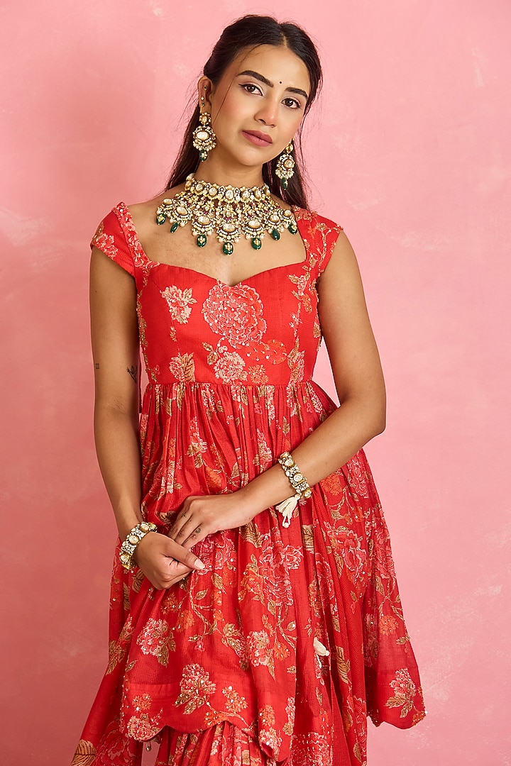 Red Silk Printed Gharara Set by Shahmeen Husain at Pernia's Pop Up Shop