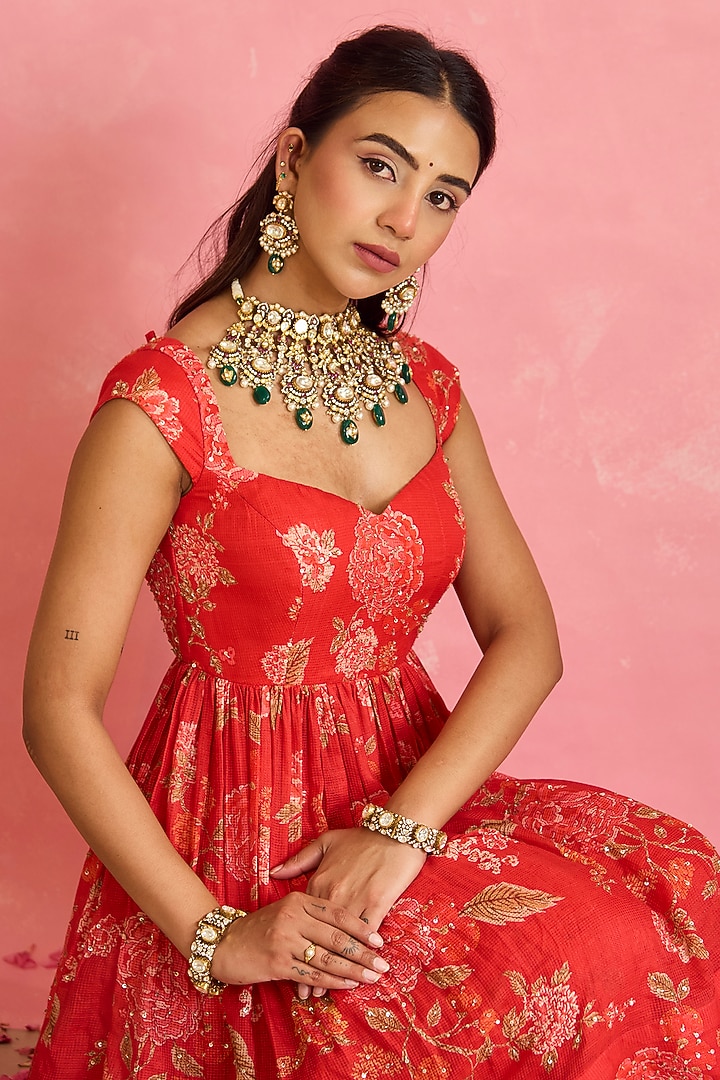 Red Silk Printed Gharara Set by Shahmeen Husain at Pernia's Pop Up Shop