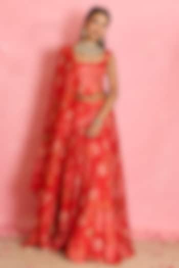 Red Silk Floral Printed Wedding Lehenga Set by Shahmeen Husain at Pernia's Pop Up Shop