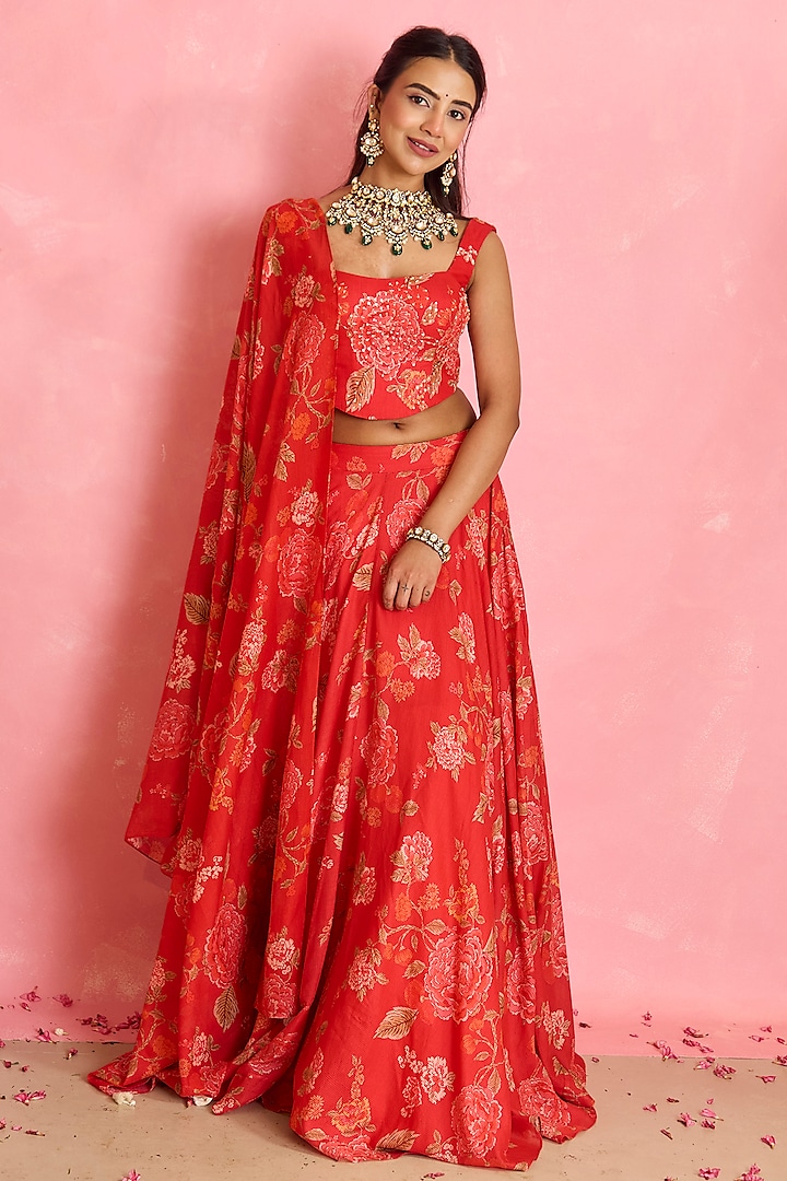 Red Silk Floral Printed Wedding Lehenga Set by Shahmeen Husain at Pernia's Pop Up Shop