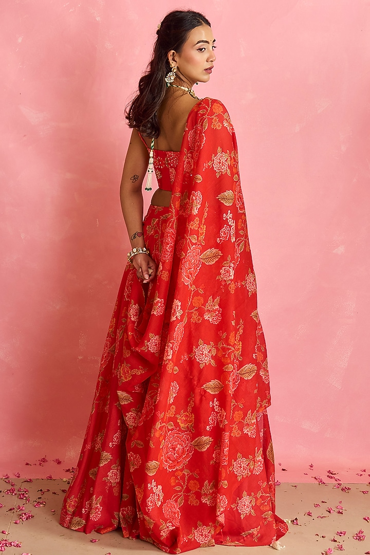 Red Silk Floral Printed Wedding Lehenga Set by Shahmeen Husain at Pernia's Pop Up Shop