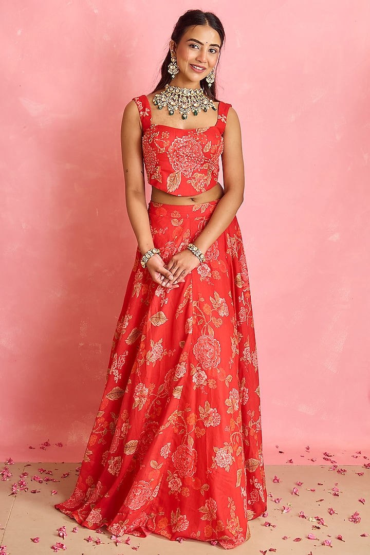 Red Silk Floral Printed Wedding Lehenga Set by Shahmeen Husain at Pernia's Pop Up Shop