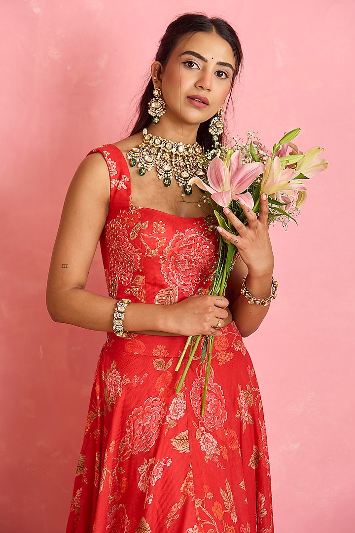 Red Silk Floral Printed Wedding Lehenga Set by Shahmeen Husain at Pernia's Pop Up Shop