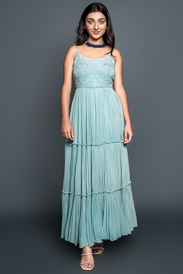 Sky Blue Embroidered Pleated Party Wear Anarkali Set by Shahmeen Husain at Pernia's Pop Up Shop