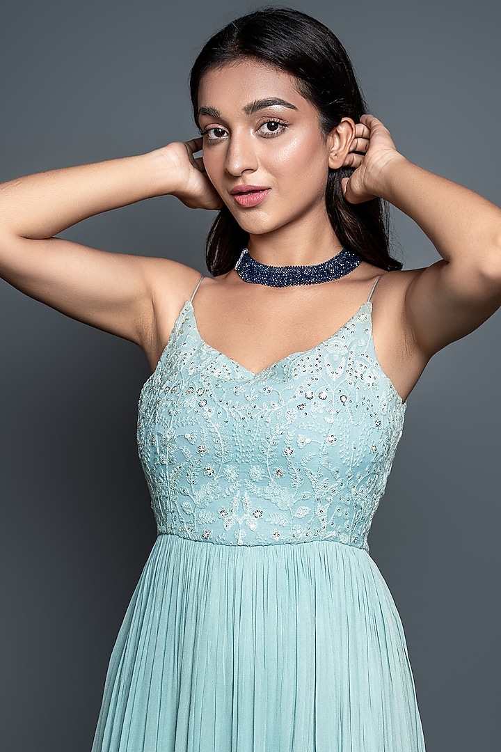 Sky Blue Embroidered Pleated Party Wear Anarkali Set by Shahmeen Husain at Pernia's Pop Up Shop
