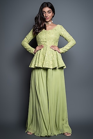 Lemon Green Georgette Flared Palazzo Pant Set by Shahmeen Husain