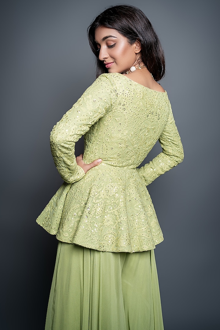 Lemon Green Georgette Flared Palazzo Pant Set Design by Shahmeen