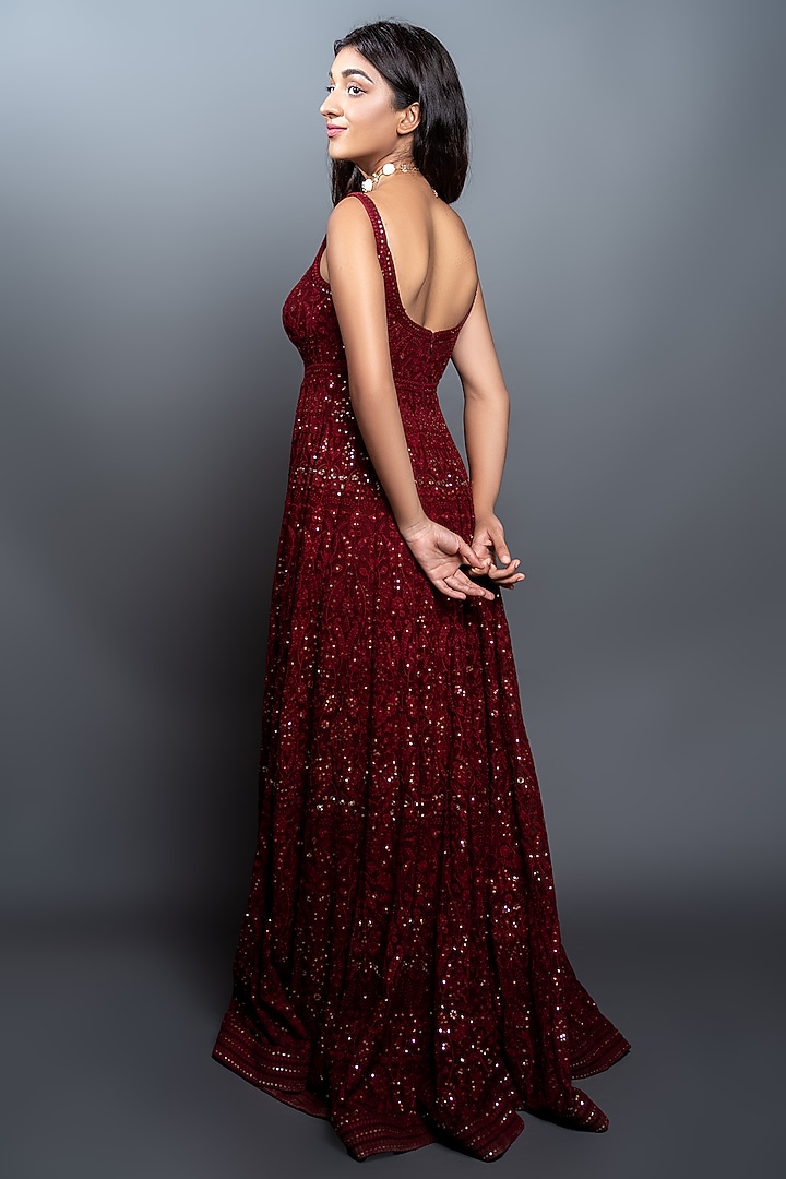 Maroon Chikankari Embroidered Wedding Anarkali by Shahmeen Husain at Pernia's Pop Up Shop