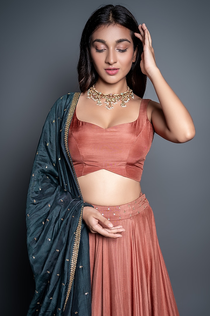 Bronze Zardosi Embroidered Wedding Lehenga Set by Shahmeen Husain at Pernia's Pop Up Shop