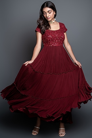 Maroon Embroidered Pleated Anarkali Set by Shahmeen Husain