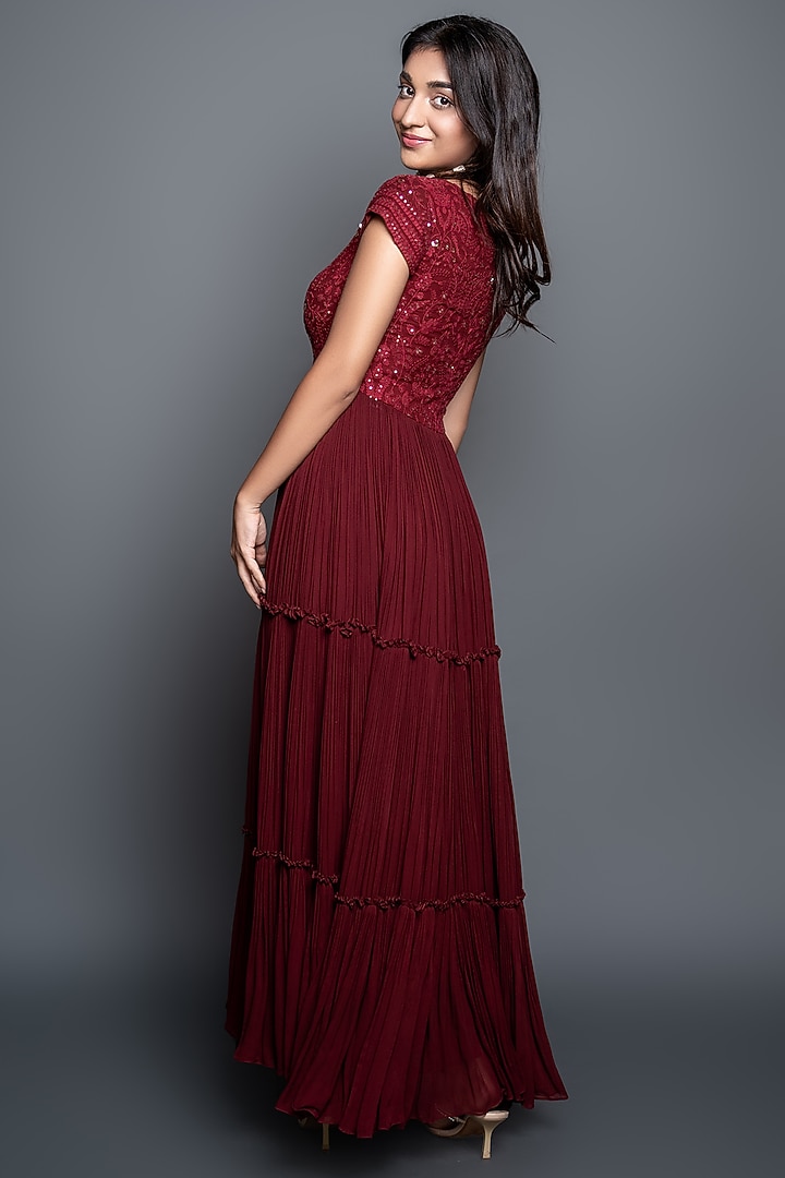 Maroon Embroidered Pleated Anarkali Set by Shahmeen Husain at Pernia's Pop Up Shop
