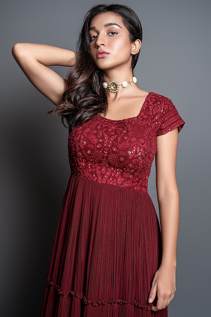 Maroon Embroidered Pleated Anarkali Set by Shahmeen Husain at Pernia's Pop Up Shop