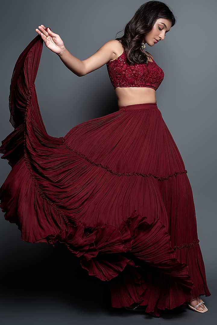 Maroon Tiered Pleated Skirt Set by Shahmeen Husain