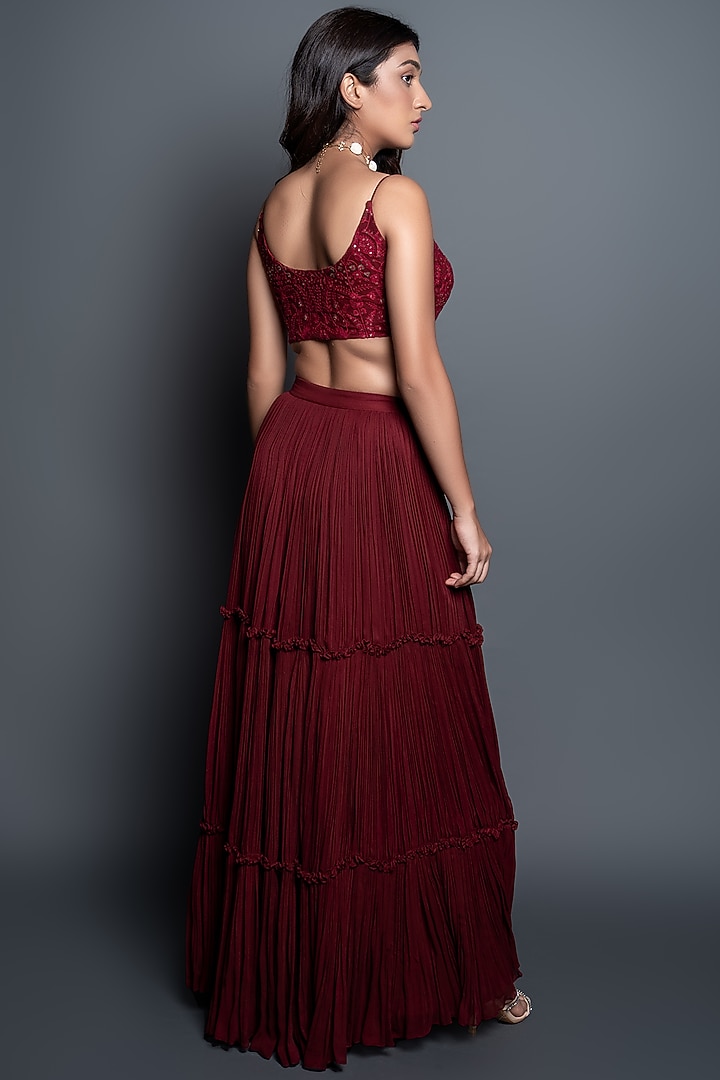 Maroon Tiered Pleated Skirt Set by Shahmeen Husain at Pernia's Pop Up Shop