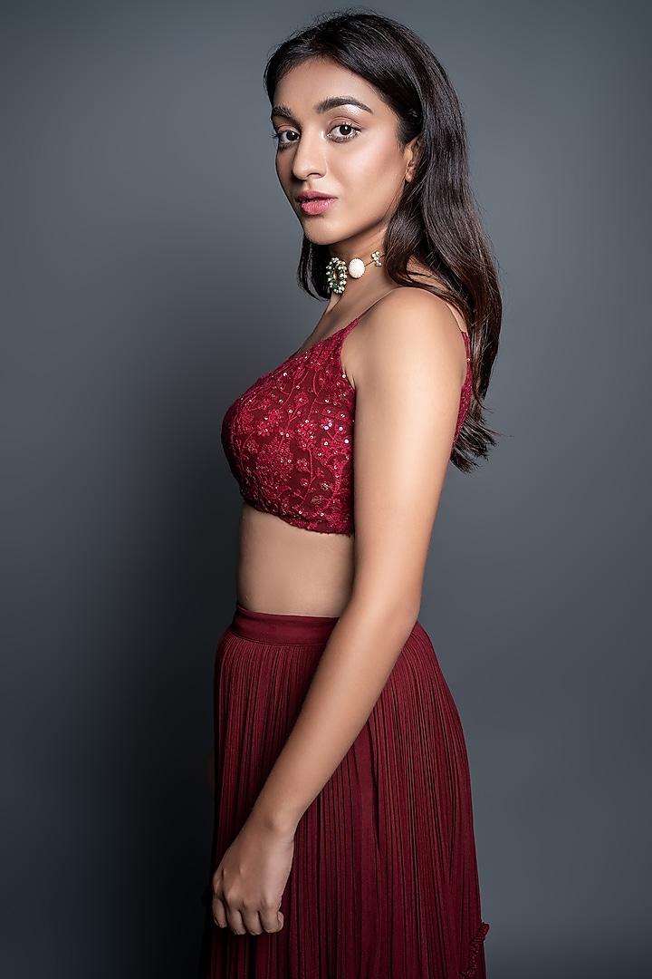 Maroon Tiered Pleated Skirt Set by Shahmeen Husain at Pernia's Pop Up Shop