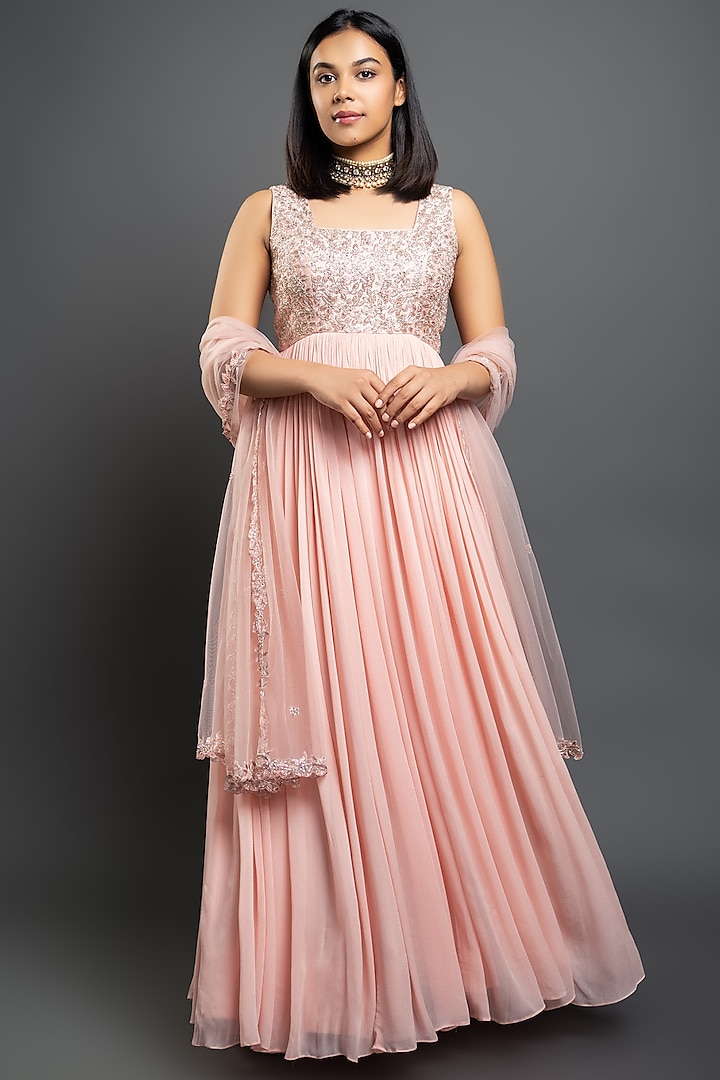 Powder Pink Tulle Anarkali Dress With Dupatta by Shahmeen Husain