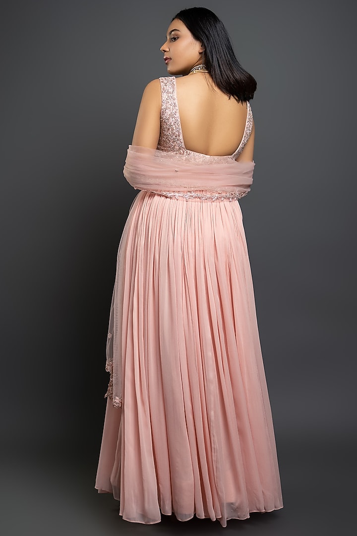 Powder Pink Tulle Wedding Anarkali Dress With Dupatta by Shahmeen Husain at Pernia's Pop Up Shop