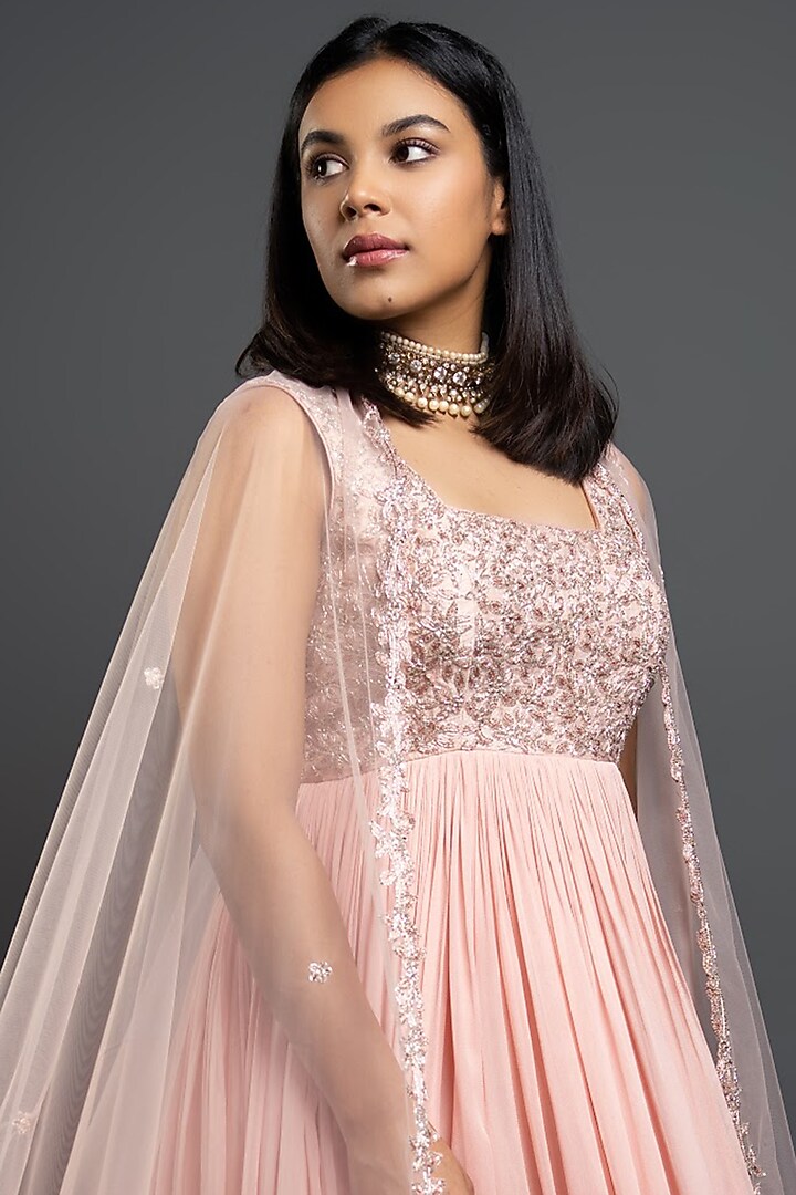 Powder Pink Tulle Wedding Anarkali Dress With Dupatta by Shahmeen Husain at Pernia's Pop Up Shop