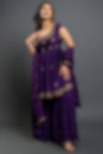 Violet Dupion Silk Flared Sharara Set by Shahmeen Husain