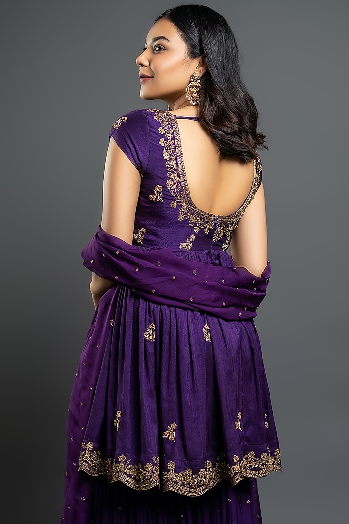 Violet Dupion Silk Flared Wedding Sharara Set by Shahmeen Husain at Pernia's Pop Up Shop