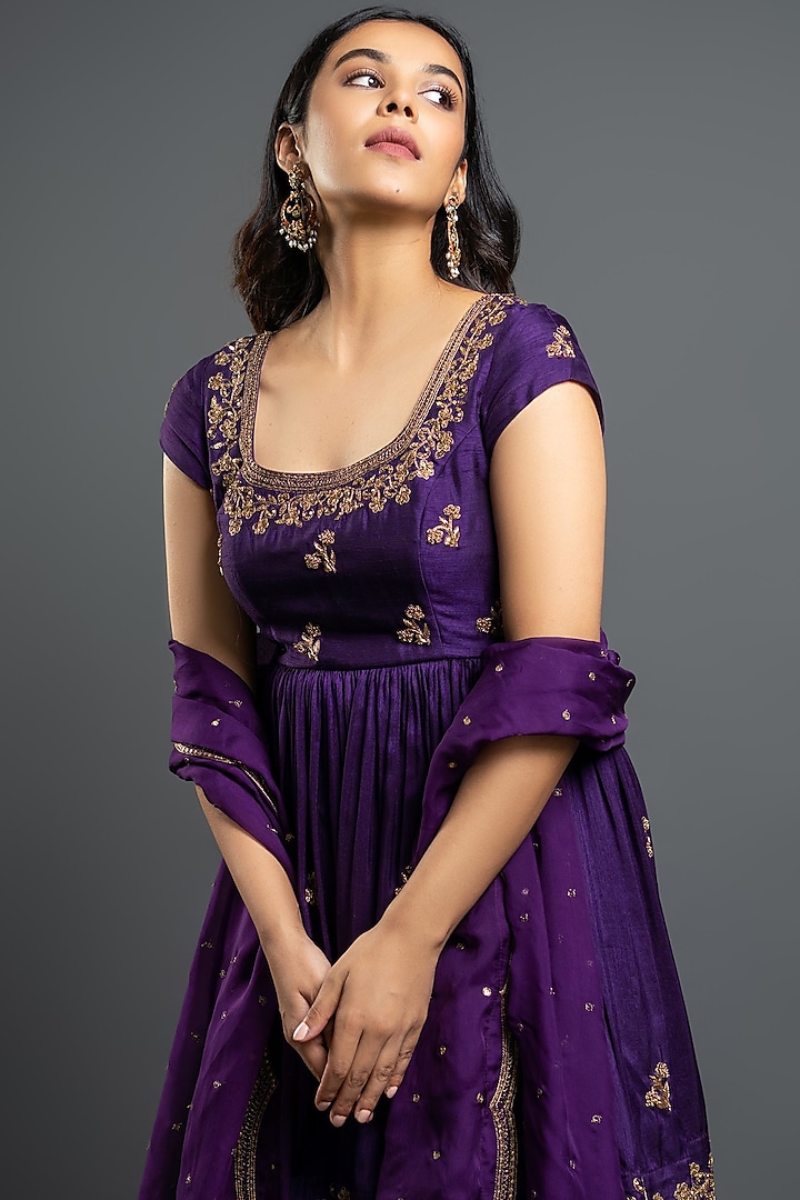 Violet Dupion Silk Flared Wedding Sharara Set by Shahmeen Husain at Pernia's Pop Up Shop