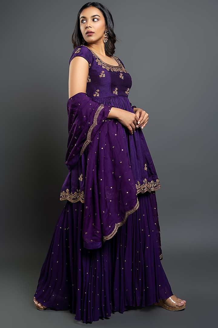 Violet Dupion Silk Flared Wedding Sharara Set by Shahmeen Husain at Pernia's Pop Up Shop