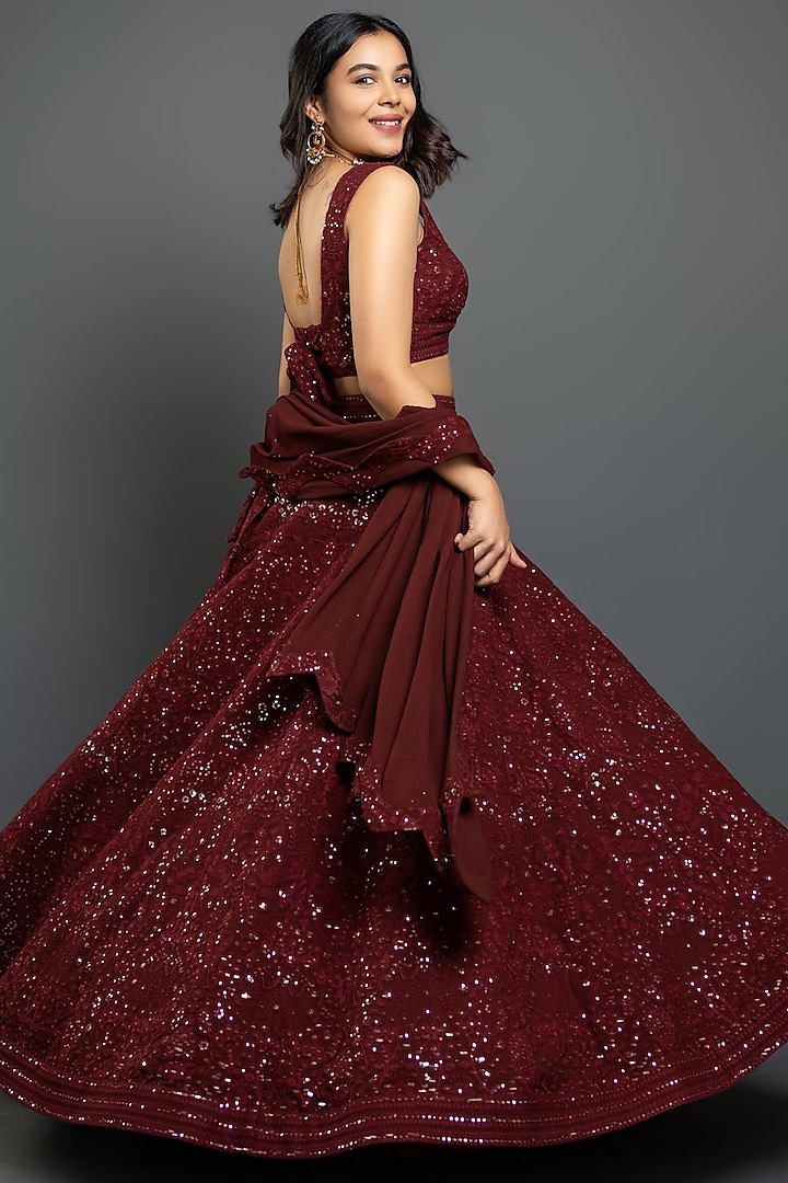 Maroon Embroidered Wedding Lehenga Set by Shahmeen Husain at Pernia's Pop Up Shop