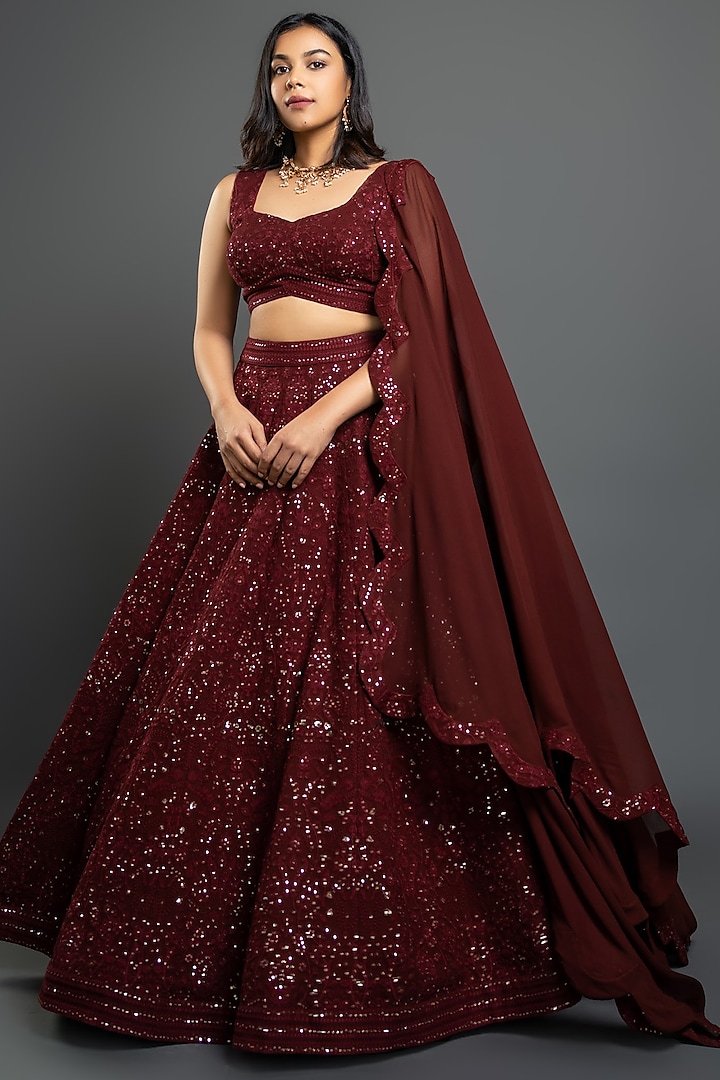 Maroon Embroidered Wedding Lehenga Set by Shahmeen Husain at Pernia's Pop Up Shop