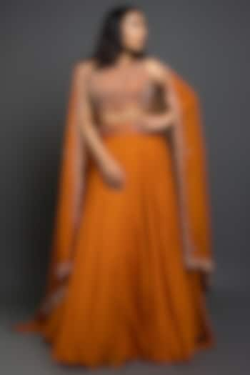 Orange Raw Silk & Organza Lehenga Set by Shahmeen Husain