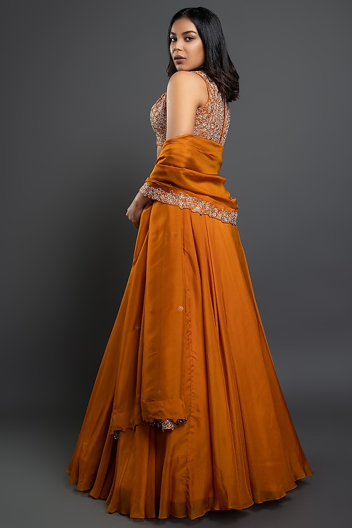 Orange Raw Silk & Organza Wedding Lehenga Set by Shahmeen Husain at Pernia's Pop Up Shop