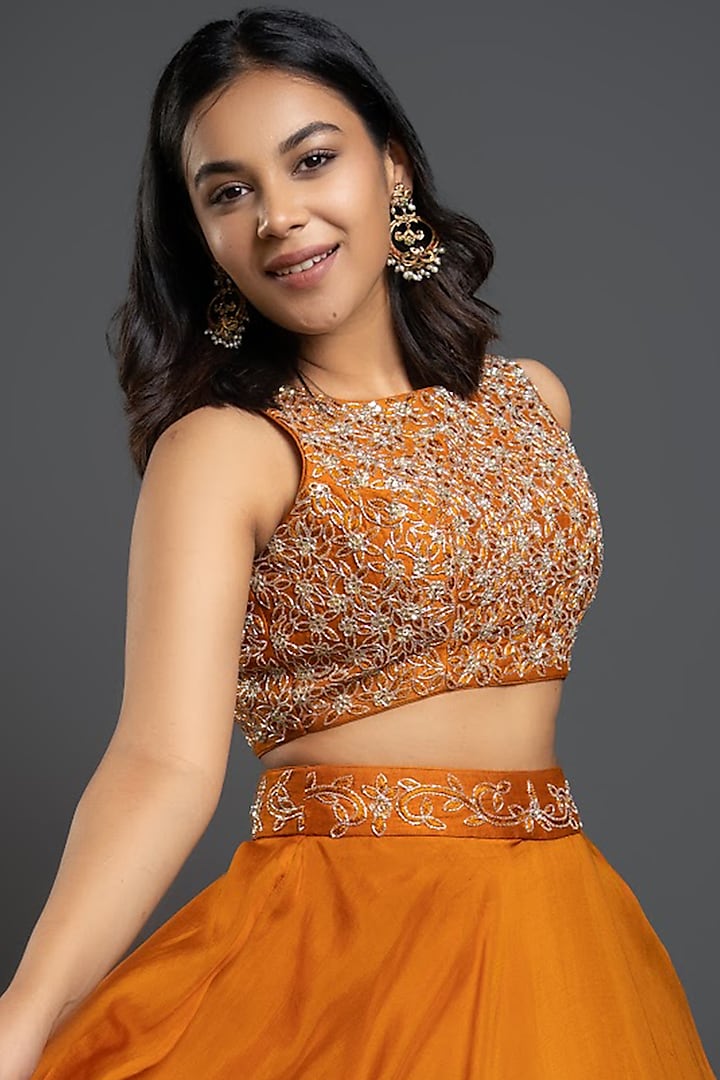 Orange Raw Silk & Organza Wedding Lehenga Set by Shahmeen Husain at Pernia's Pop Up Shop