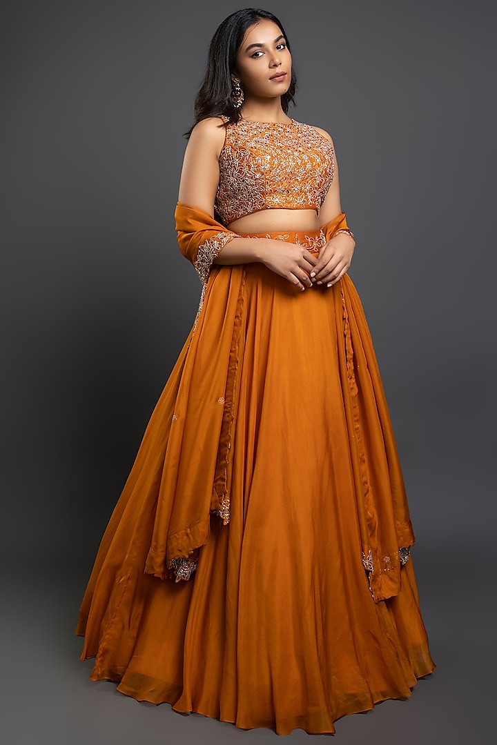 Orange Raw Silk & Organza Wedding Lehenga Set by Shahmeen Husain at Pernia's Pop Up Shop