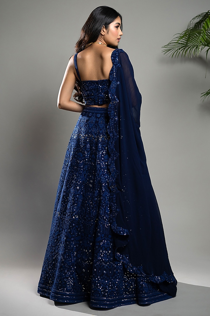 Blue Georgette Chikankari Sequins Embroidered Wedding Lehenga Set by Shahmeen Husain at Pernia's Pop Up Shop