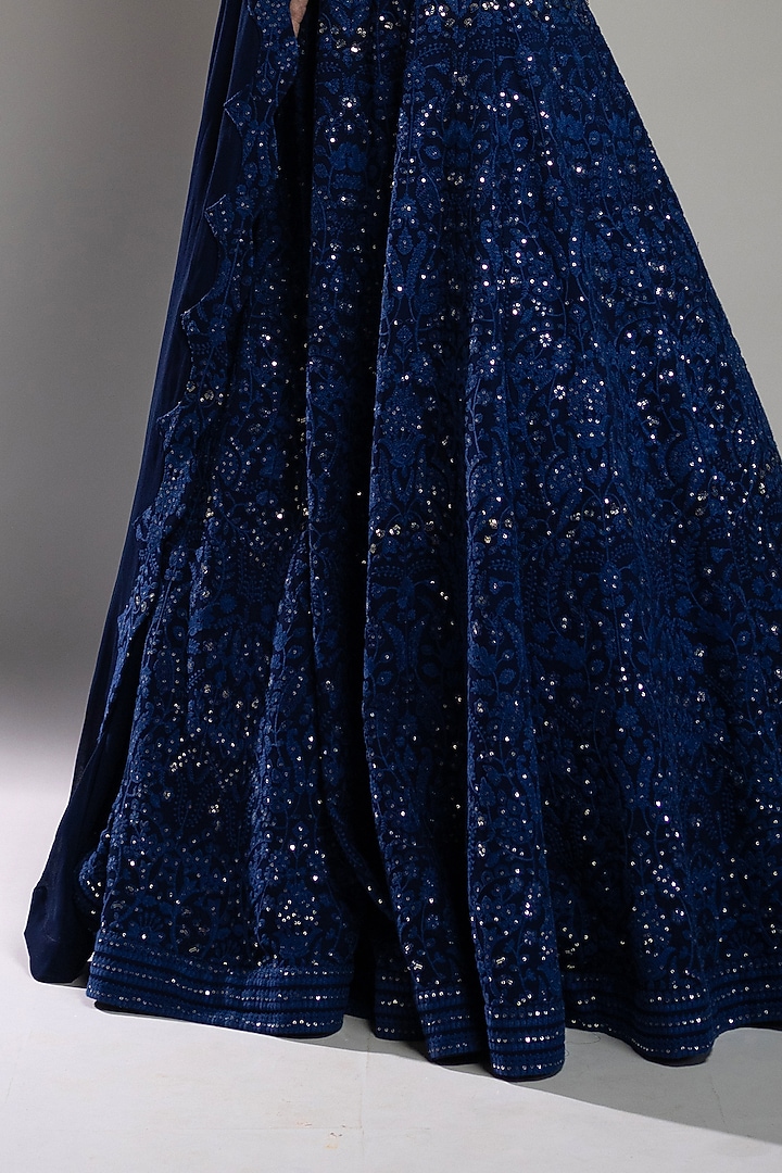 Blue Georgette Chikankari Sequins Embroidered Wedding Lehenga Set by Shahmeen Husain at Pernia's Pop Up Shop