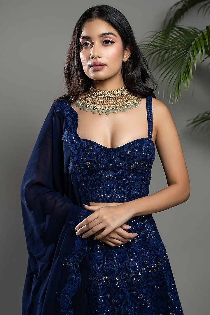 Blue Georgette Chikankari Sequins Embroidered Wedding Lehenga Set by Shahmeen Husain at Pernia's Pop Up Shop