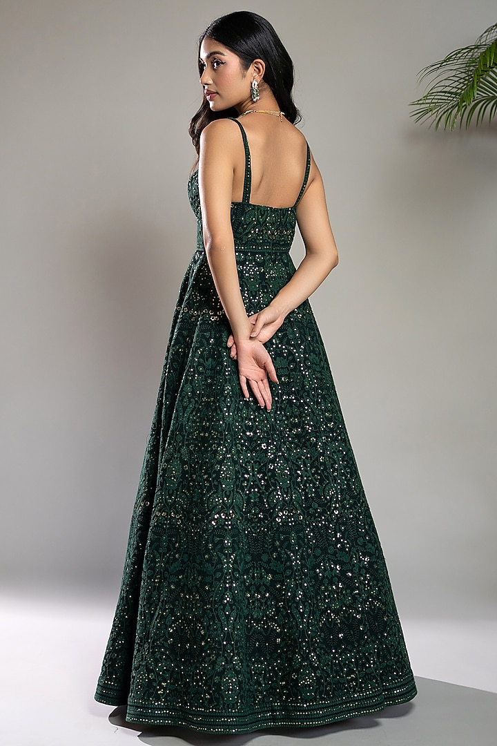 Bottle Green Georgette Chikankari Sequins Embroidered Wedding Anarkali Set by Shahmeen Husain at Pernia's Pop Up Shop
