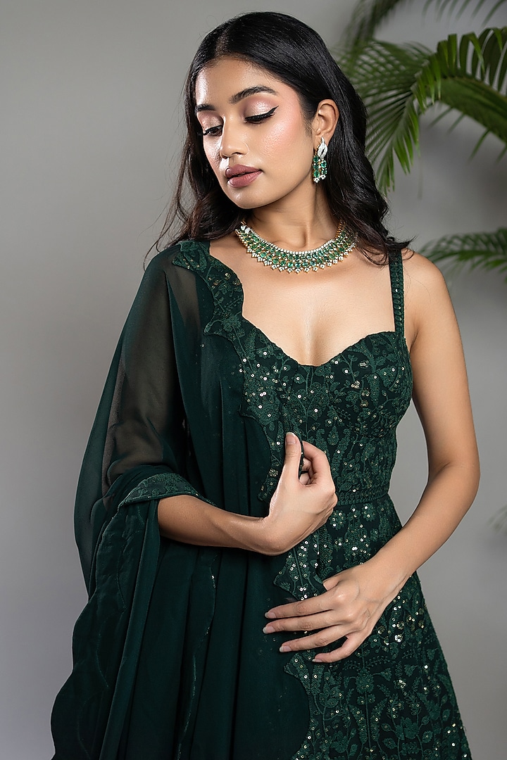 Bottle Green Georgette Chikankari Sequins Embroidered Wedding Anarkali Set by Shahmeen Husain at Pernia's Pop Up Shop