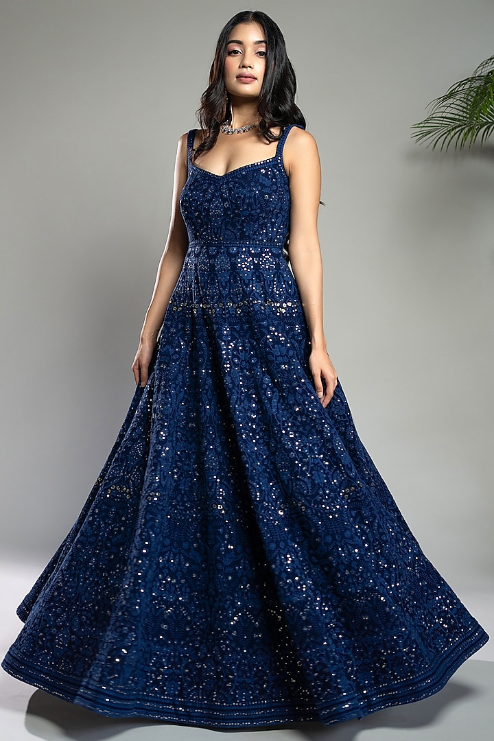 Royal Blue Georgette Chikankari Sequins Embroidered Dress by Shahmeen Husain