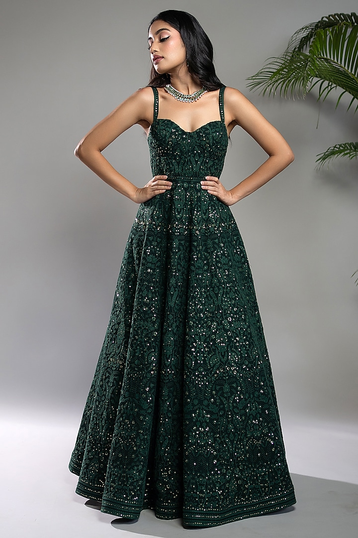 Bottle Green Georgette Chikankari Sequins Embroidered Dress by Shahmeen Husain