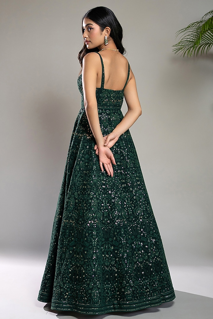 Bottle Green Georgette Chikankari Sequins Embroidered Party Wear Dress by Shahmeen Husain at Pernia's Pop Up Shop