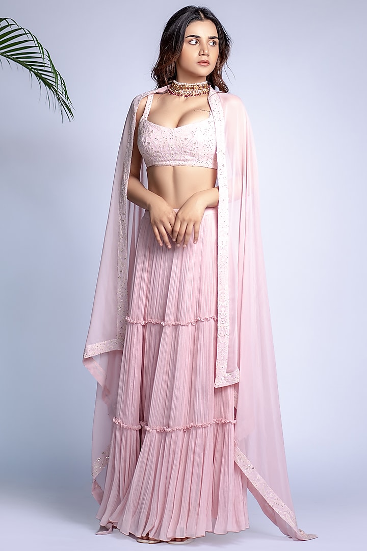 Blush Pink Georgette Tiered Lehenga Set by Shahmeen Husain