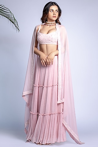 Blush Pink Georgette Tiered Lehenga Set by Shahmeen Husain