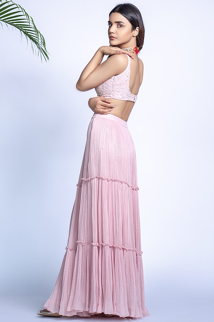 Blush Pink Georgette Tiered Wedding Lehenga Set by Shahmeen Husain at Pernia's Pop Up Shop