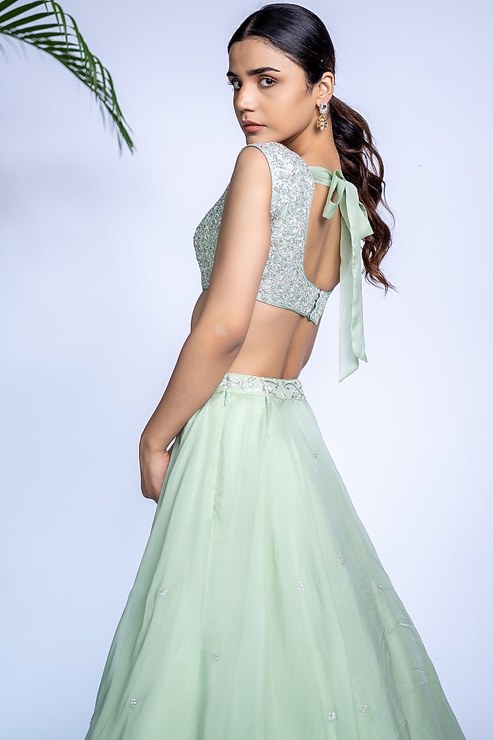 Pastel Green Tulle Flared Wedding Lehenga Set by Shahmeen Husain at Pernia's Pop Up Shop