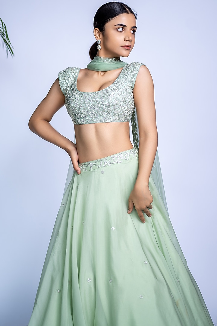 Pastel Green Tulle Flared Wedding Lehenga Set by Shahmeen Husain at Pernia's Pop Up Shop