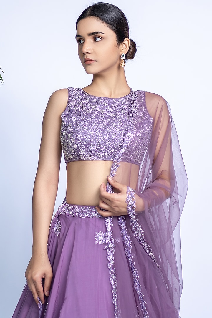 Lavender Tulle Flared Wedding Lehenga Set by Shahmeen Husain at Pernia's Pop Up Shop