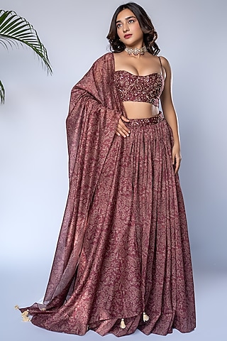 Crimson Silk Printed Lehenga Set by Shahmeen Husain