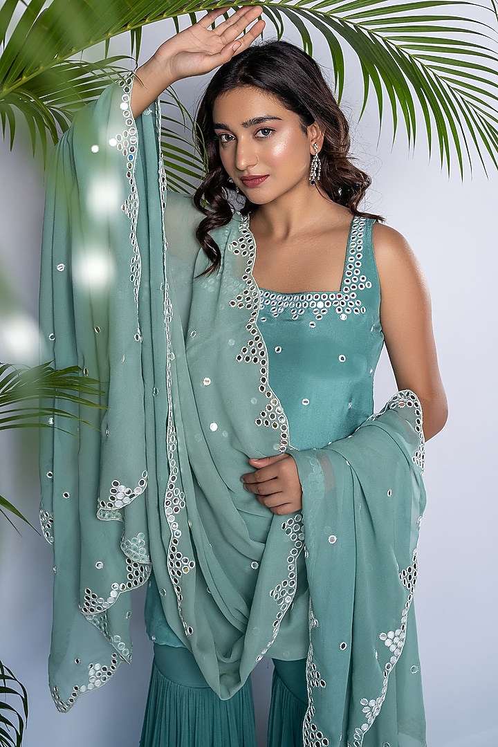 Aqua Blue Georgette Party Wear Sharara Set by Shahmeen Husain at Pernia's Pop Up Shop