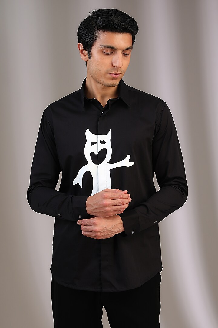 Black Cotton Screen Printed Shirt by SAHIL ANEJA at Pernia's Pop Up Shop