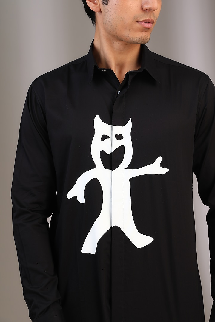 Black Cotton Screen Printed Party Wear Shirt by SAHIL ANEJA at Pernia's Pop Up Shop